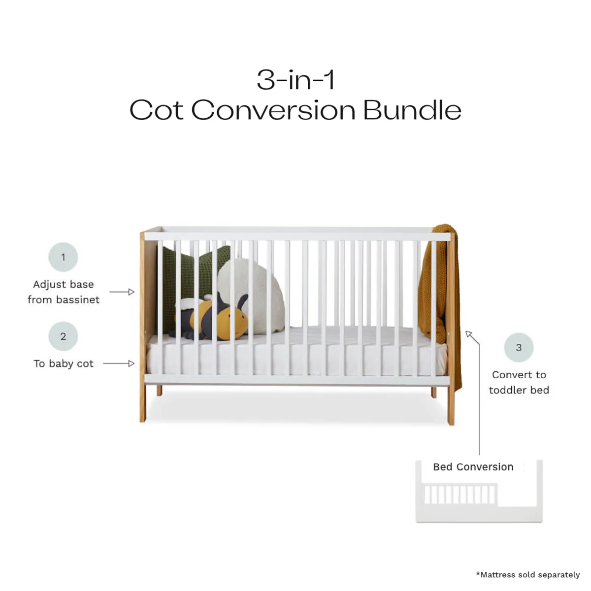 Aspiring White/Natural 3-in-1 Cot White Conversion Bundle Mocka