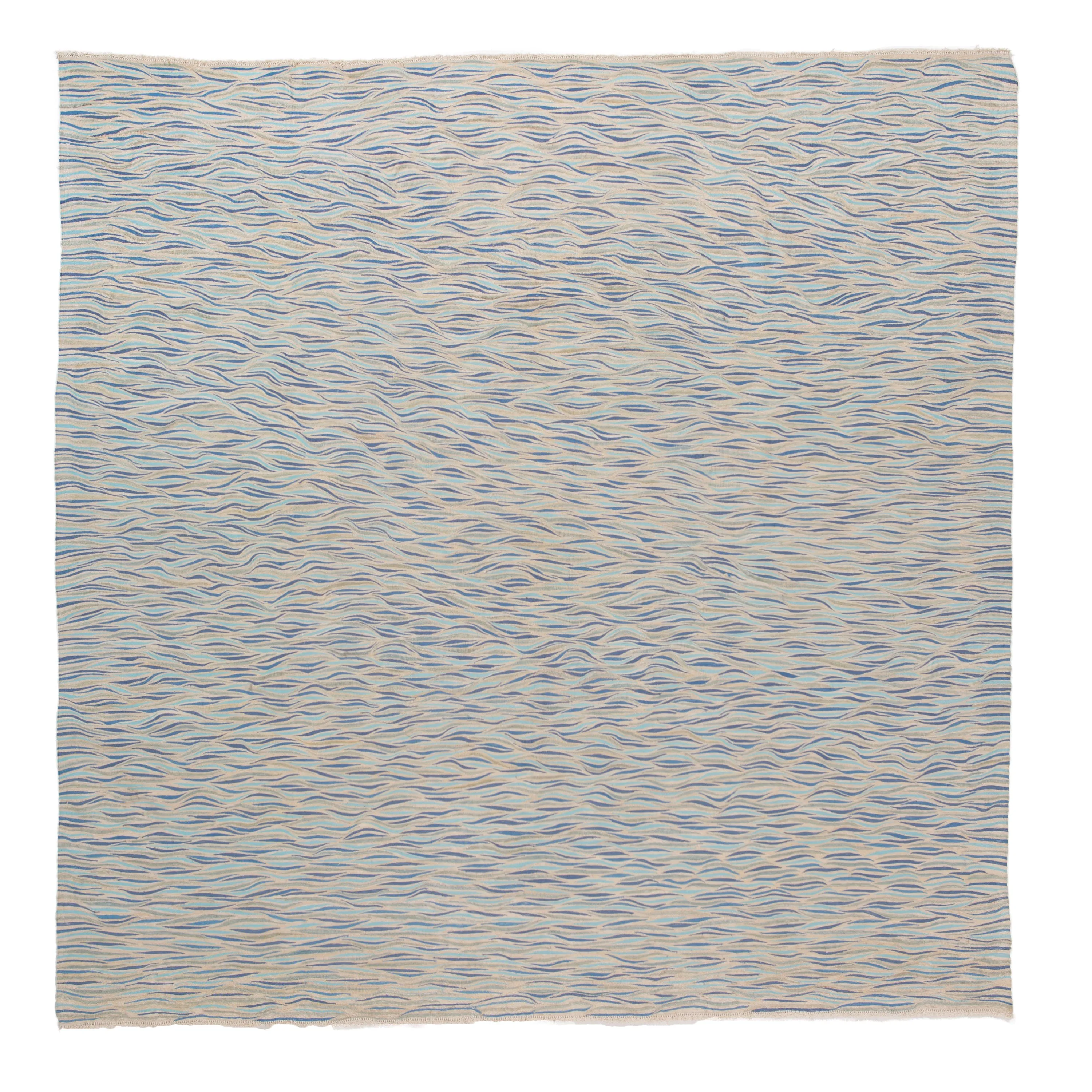 Blue Flatweave Wool Rug - 8'2" x 8'3"