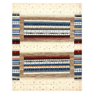 Ivory & Blue Traditional Gabbeh Wool Rug - 5'2" x 6'6"