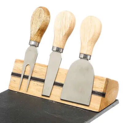 Slate And Wooden Cheese Knives Set Funky Chunky