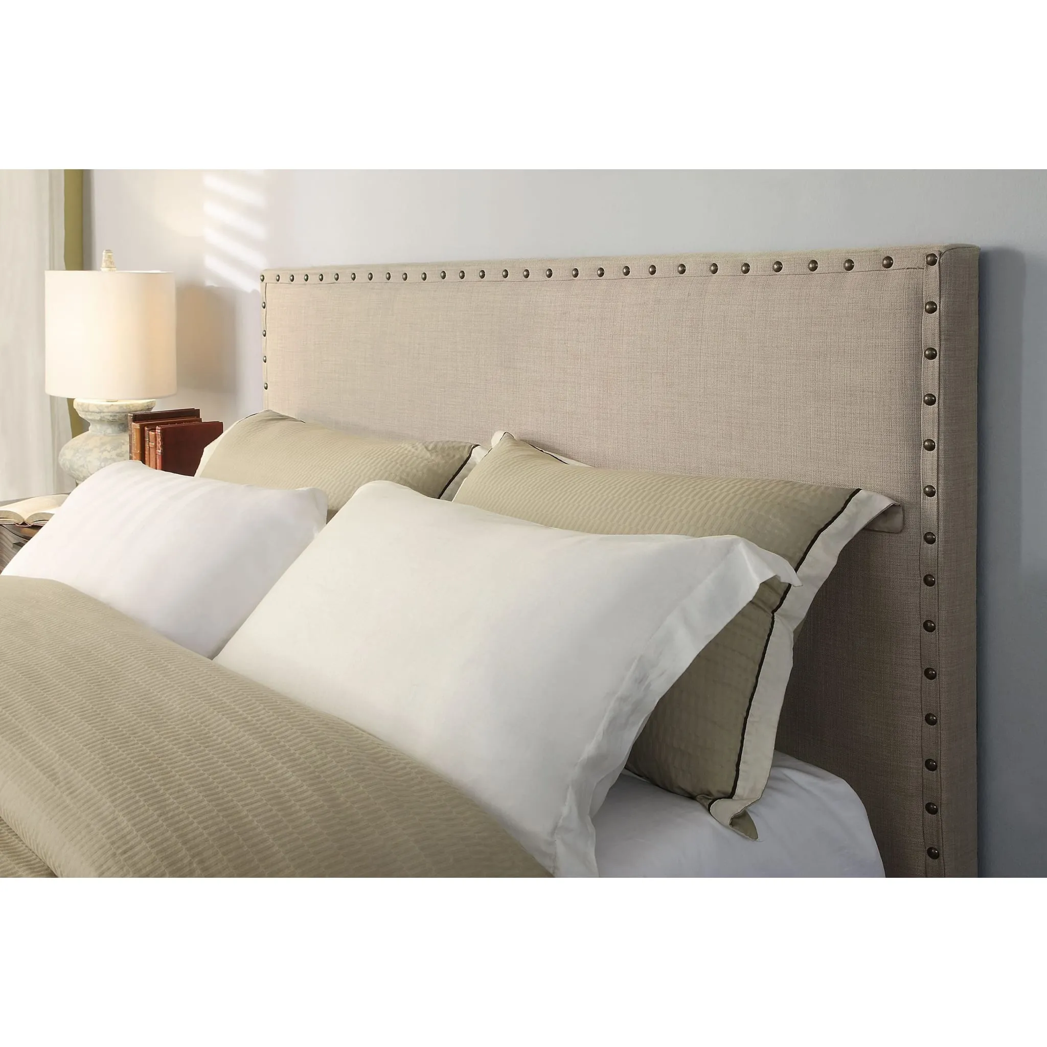 Tavel Nailhead Upholstered Headboard in Toast Linen Modus