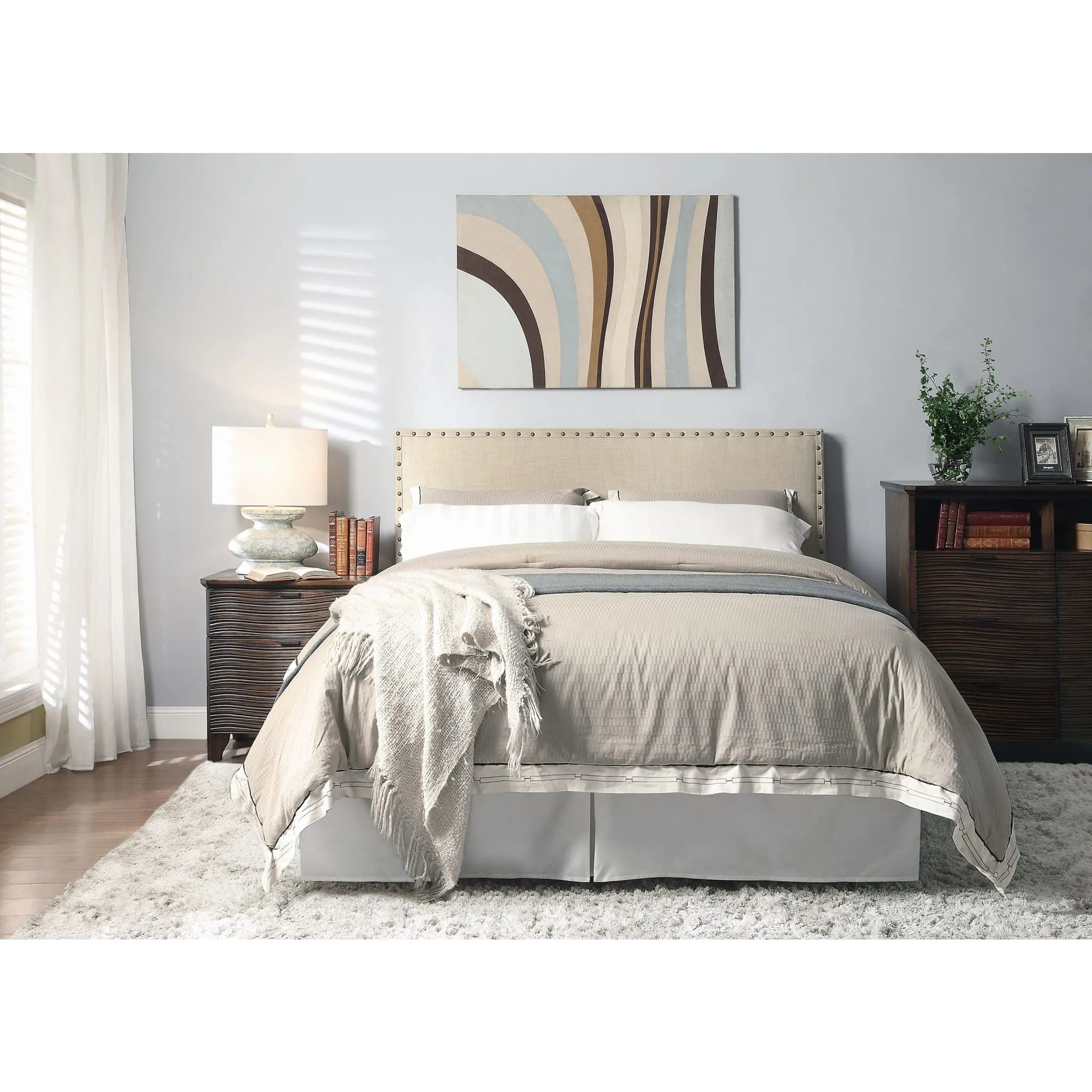 Tavel Nailhead Upholstered Headboard in Toast Linen Modus