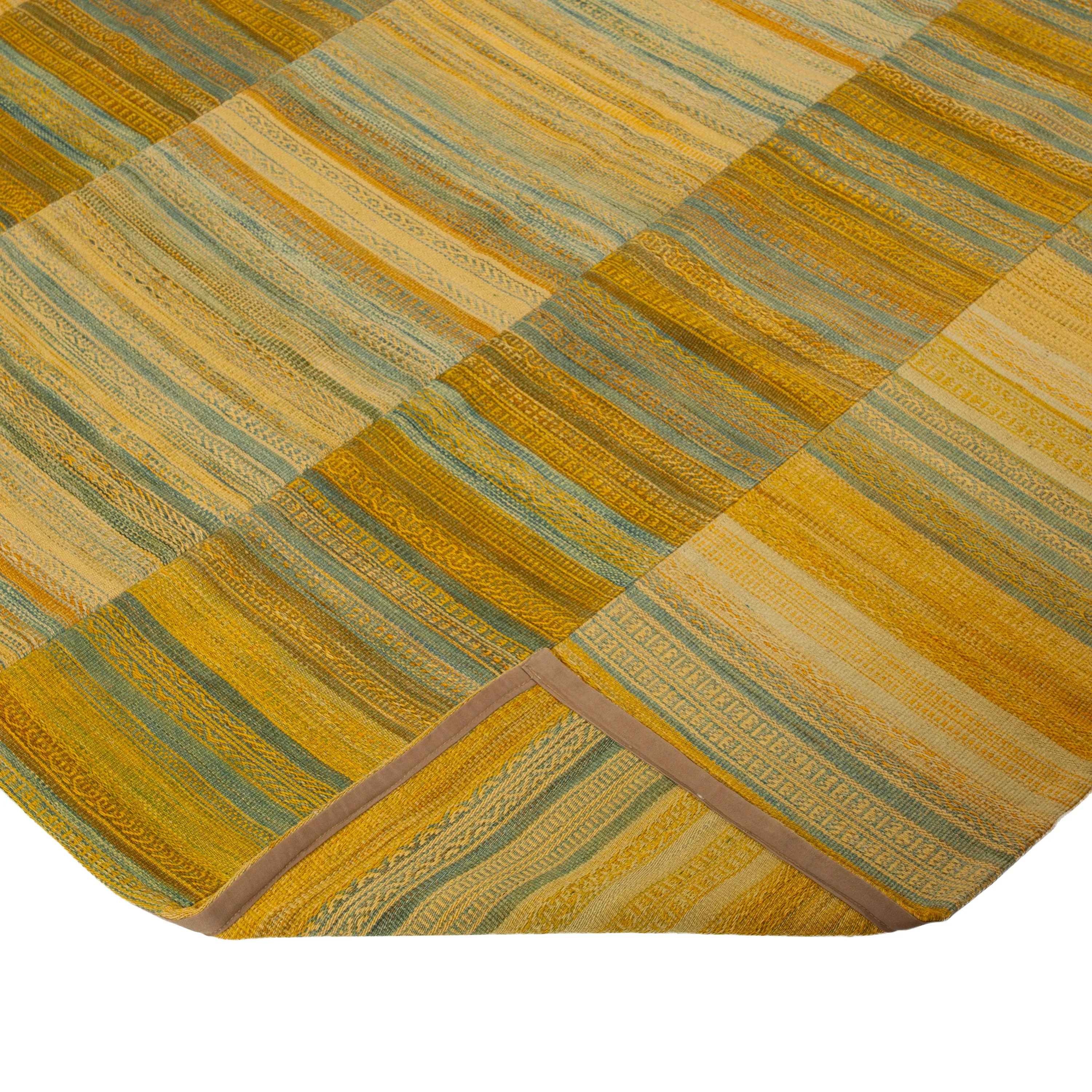 Yellow & Green Flatweave Wool Rug - 8'1" x 11'1"